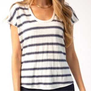 Frame Denim Easy Scoop 100% Cotton Linen Blue & White Stripe Tee S